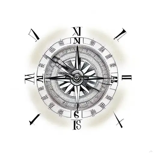 Clock on the half left and compass on the half righ combined tattoo design idea