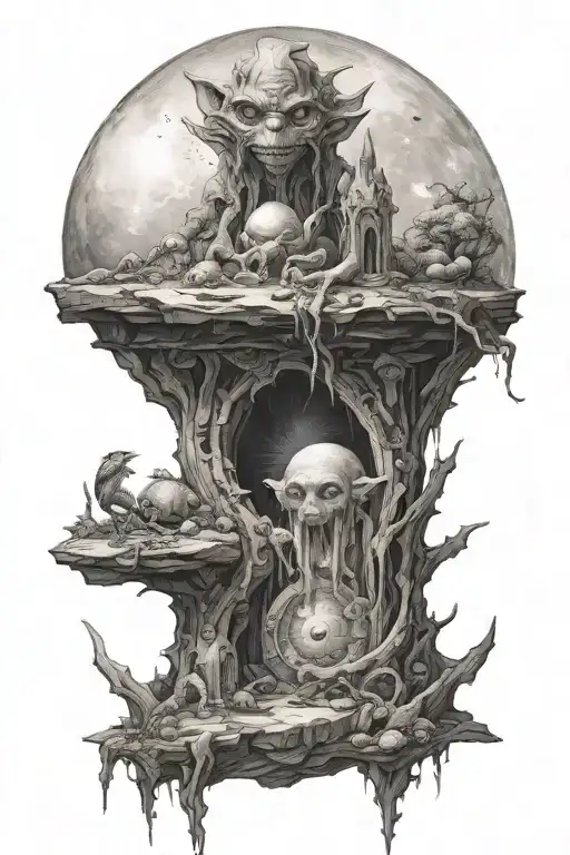the dark crystal tower on the left and on the top right a moon and on the mottom right a gelfling  tattoo design idea