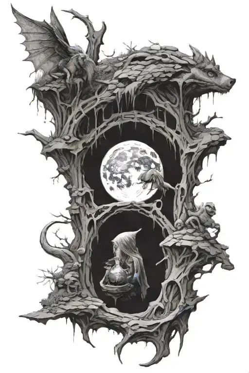 the dark crystal tower on the left and on the top right a moon and on the mottom right a gelfling  tattoo design idea