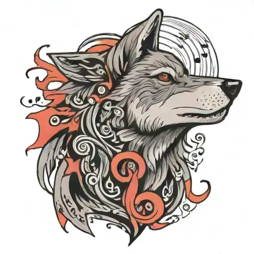 A wolf howling at a full moon made out of musical notes tattoo design idea
