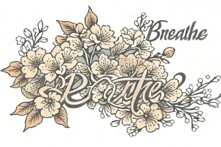 the word breathe in cursive writing with Japanese cherry blossoms floating around the word.  tattoo design idea