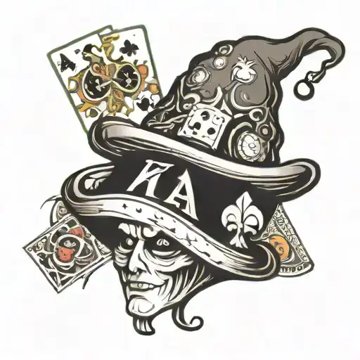 stylized image of a jester's hat, adorned with playing cards, dice, or other symbols of chance and fate tattoo design idea