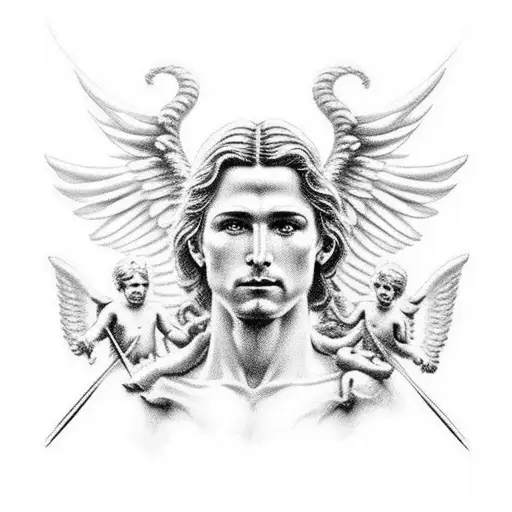 saint michael with some angels among the clouds black and white tattoo design idea