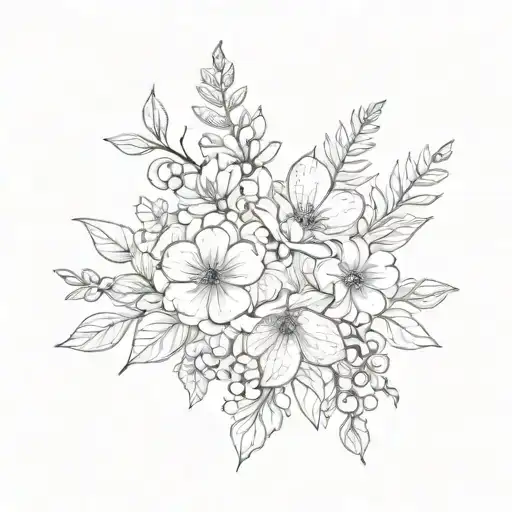 birth flower bouquet for the months September, may, July, march. delicate lines. tattoo design idea