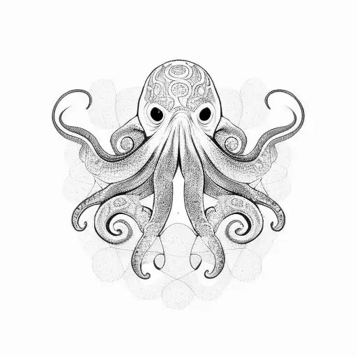 A dotwork octopus with tentacles extending from the back of the neck to the shoulders tattoo design idea