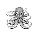A dotwork octopus with tentacles extending from the back of the neck to the shoulders tattoo design idea