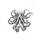 A dotwork octopus with tentacles extending from the back of the neck to the shoulders tattoo design idea