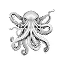 A dotwork octopus with tentacles extending from the back of the neck to the shoulders tattoo design idea