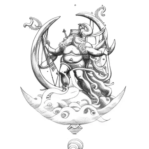 king neptune with sail ship heavy seas and the moon tattoo design idea