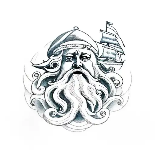 king neptune with sail ship heavy seas and the moon tattoo design idea