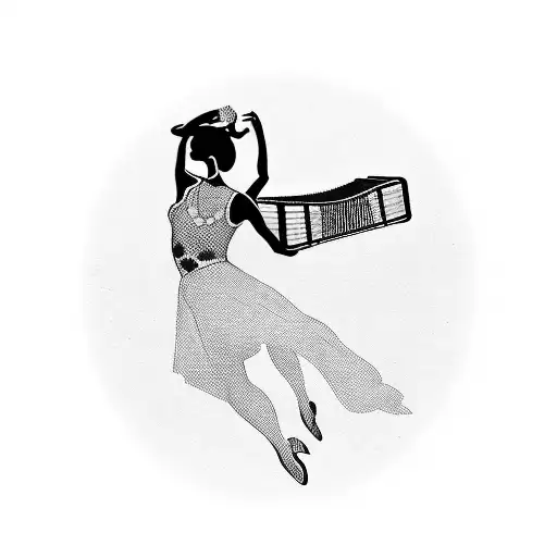Incorporate a silhouette of a dancer with an accordion in the background, capturing the essence of music and dance tattoo design idea