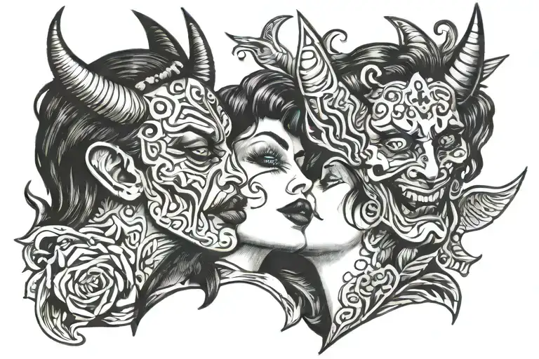 woman kissing the devil   tattoo design idea