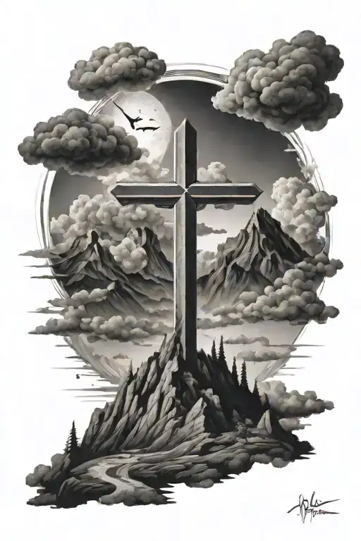 cross shining on a mountain, with dark clouds surrounding tattoo design idea