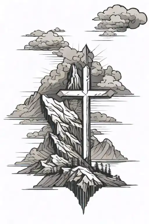 cross shining on a mountain, with dark clouds surrounding tattoo design idea