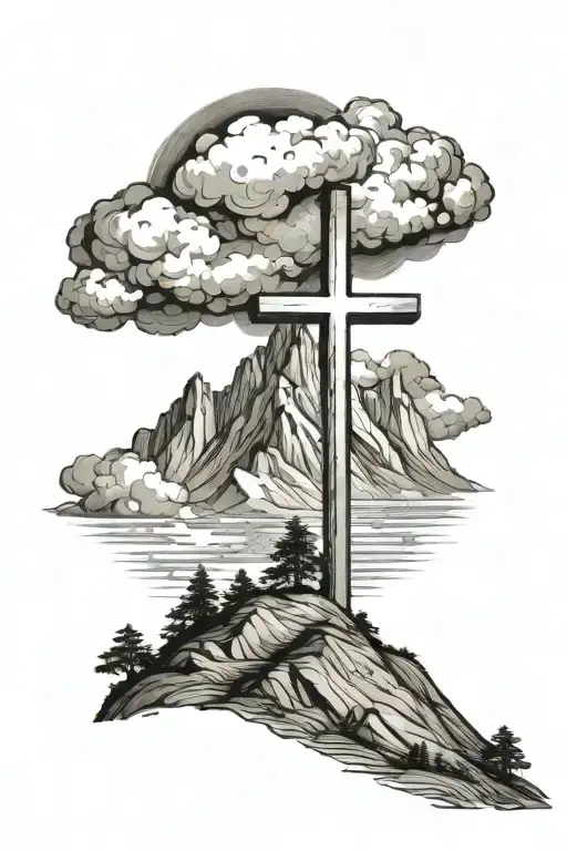 cross shining on a mountain, with dark clouds surrounding tattoo design idea