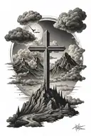 cross shining on a mountain, with dark clouds surrounding tattoo design idea