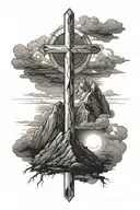 cross shining on a mountain, with dark clouds surrounding tattoo design idea