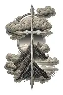 cross shining on a mountain, with dark clouds surrounding tattoo design idea