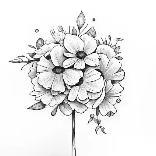 flower bouquet with violets, daisies, and marigolds tattoo design idea