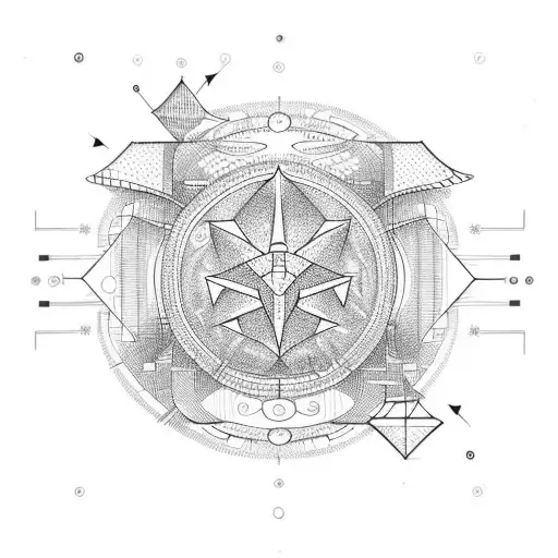 The schematic consists of a small, single-line arrow pointing upwards in the center of the design. The wave symbol is po tattoo design idea