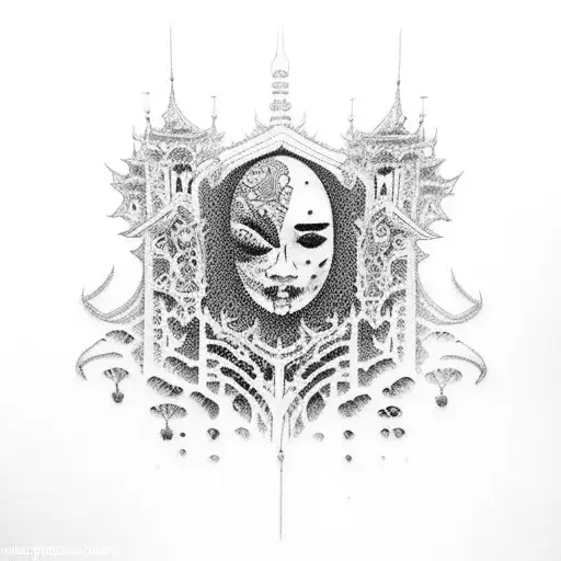 A dotwork tattoo of a Japanese inspired gothic cathedral, combining the client's love for gothic aesthetics and the beauty of Japanese architecture tattoo design idea