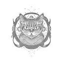 A gothic-inspired tattoo featuring a black cat sitting on top of a Japanese statue tattoo design idea