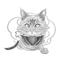 A gothic-inspired tattoo featuring a black cat sitting on top of a Japanese statue tattoo design idea