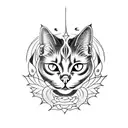 A gothic-inspired tattoo featuring a black cat sitting on top of a Japanese statue tattoo design idea