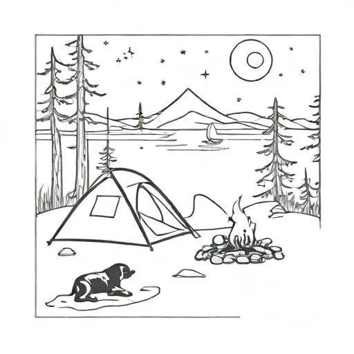A minimalist tattoo design of a tranquil camping scene with a dog resting by a campfire under the stars tattoo design idea