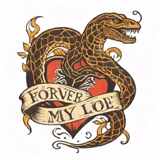 "forever my love" in cursive black ink with a fiery brokenheart with a snake around it  tattoo design idea