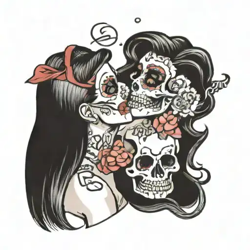 "forever my love" in cursive with a blunt and a uzi with kisses and a badass  girl skull tattoo design idea