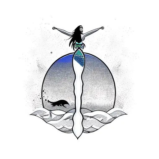 a mermaid riding a wakeboard while holding a man on her shoulder tattoo design idea