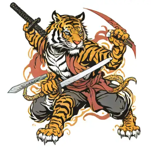 tigers in japanese style with katana and dragons and sun on tattoo design idea