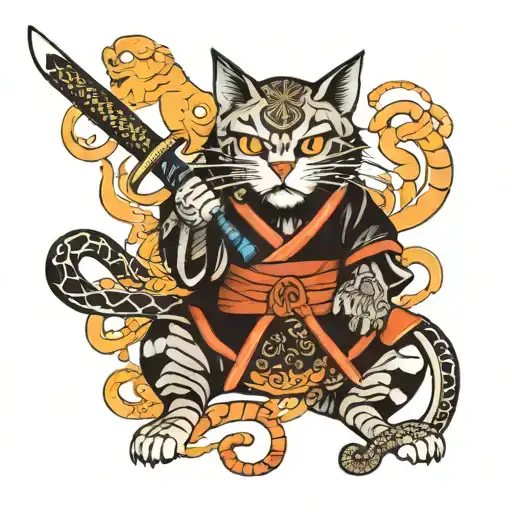 Samurai cat with katana and snakes around tattoo design idea