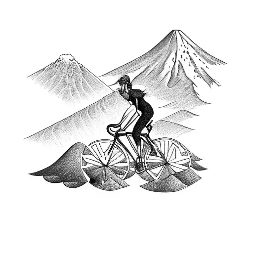 A detailed blackwork tattoo of a cyclist riding up the Lanin volcano tattoo design idea