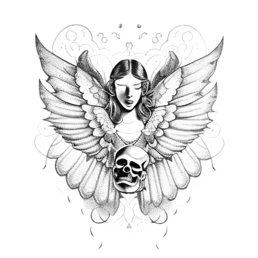 An ethereal and mysterious fallen angel with dotwork wings, holding a skull butterfly in her hand and surrounded by a bed of black and grey roses. tattoo design idea