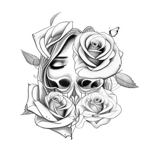 A mesmerizing blackwork tattoo of a woman's face, half angelic and half skull, with a delicate butterfly resting on her lips and a rose tucked behind her ear. tattoo design idea