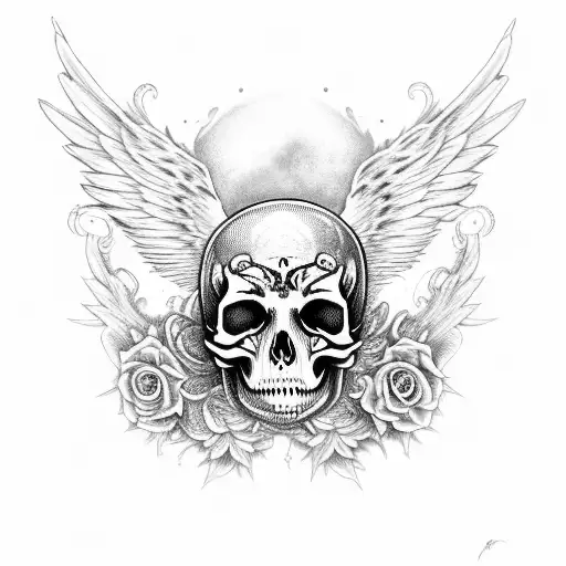 A fallen angel with intricate black and grey wings, surrounded by a swirling ocean backdrop and adorned with a skull butterfly and rose. tattoo design idea