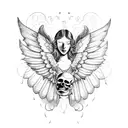 An ethereal and mysterious fallen angel with dotwork wings, holding a skull butterfly in her hand and surrounded by a bed of black and grey roses. tattoo design idea