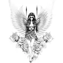 An ethereal and mysterious fallen angel with dotwork wings, holding a skull butterfly in her hand and surrounded by a bed of black and grey roses. tattoo design idea