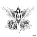 An ethereal and mysterious fallen angel with dotwork wings, holding a skull butterfly in her hand and surrounded by a bed of black and grey roses. tattoo design idea