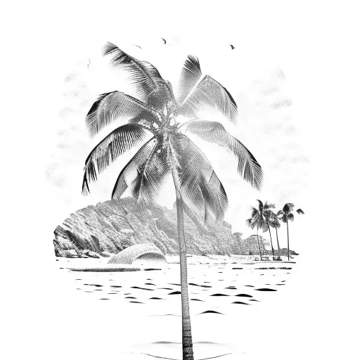 A beach scene with palm trees and waves, with a hidden vigilante symbol tattoo design idea