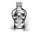 A bottle of whiskey with a skull and crossbones label tattoo design idea