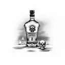 A bottle of whiskey with a skull and crossbones label tattoo design idea