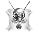 A bottle of whiskey with a skull and crossbones label tattoo design idea