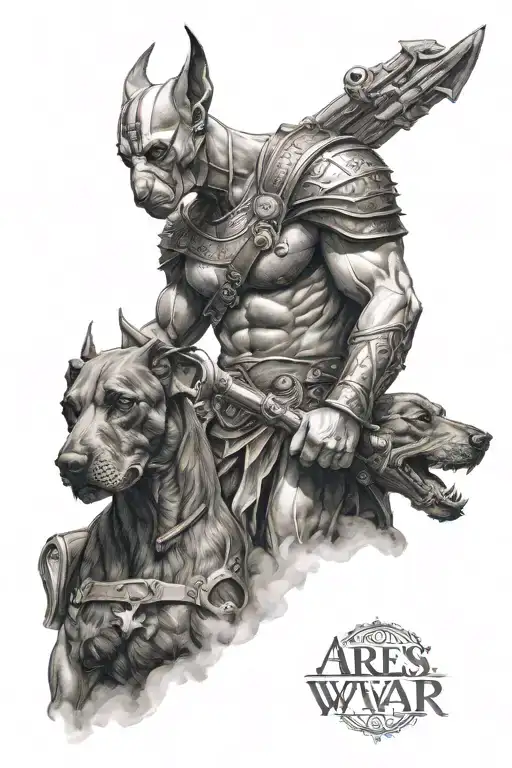 ares god of war holding 3 headed doberman tattoo design idea