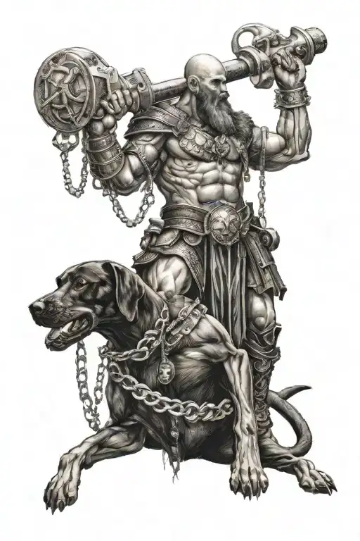 ares the god of war holding a chained 3 headed Doberman  tattoo design idea