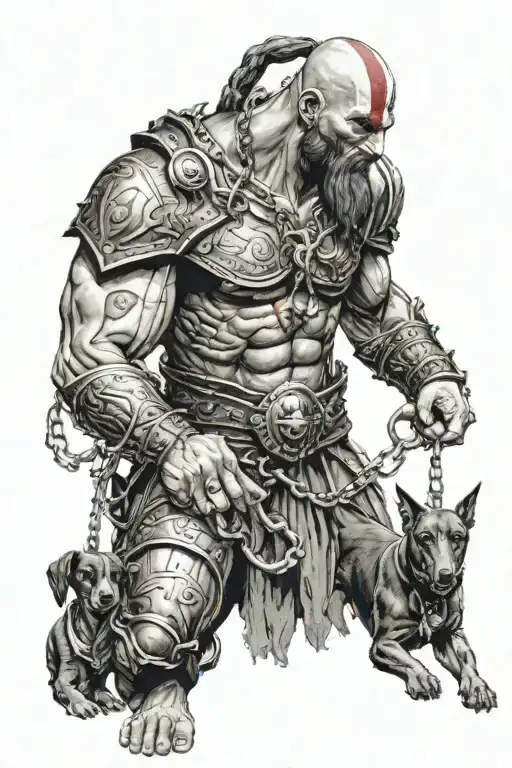  the god of war holding a chained 3 headed Doberman  tattoo design idea