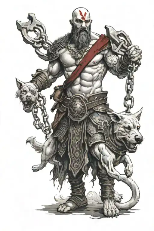  the god of war holding a chained 3 headed dog looking scary  tattoo design idea