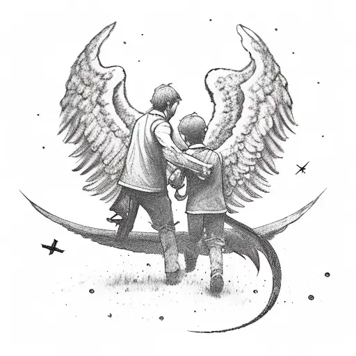father and son walking away hunting with a compass in hand being watched over by an angel  tattoo design idea